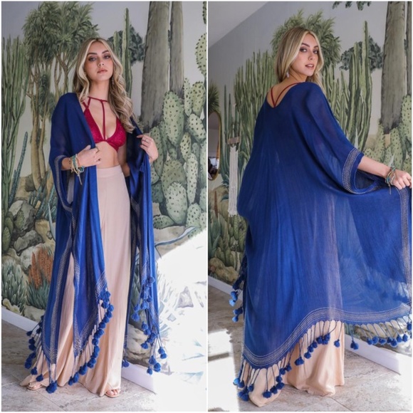 Boho Royal blue Open Front Side Split Tassel hem Kimono Cover up - Picture 2 of 2